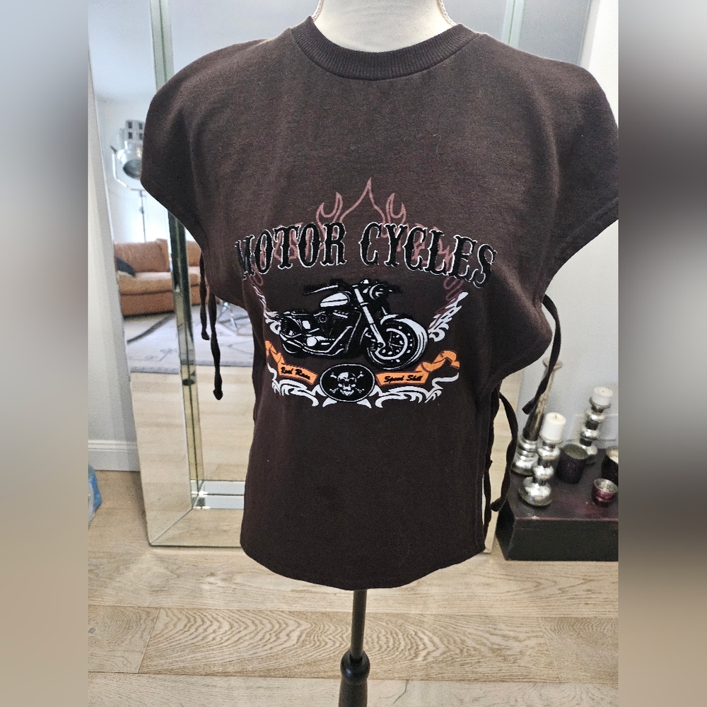 On Fire Motorcycle Graphic Sweatshirt Side Tie Open Sides Biker Top Womens L Y2K